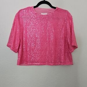H&M BARBIE Pink Sequin Cropped T-shirt Size L.